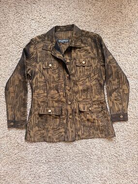Vintage Windridge Cheryl Nash Brown Bronze Scribble-Print Utility Jacket Small